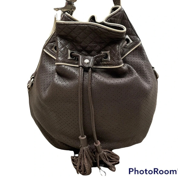 Francesco Biasia Brown 100% Calf Leather Perforated Fringe Bucket Bag Hobo - Picture 6 of 15